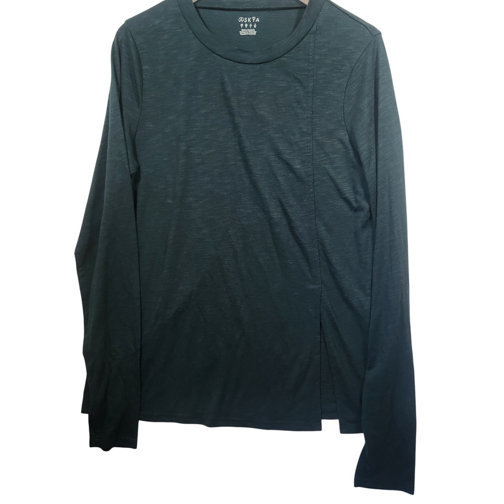 ASKYA‎ Womens Long Sleeve Slub Knit Top Charcoal Grey Crew Neck Side Slit Large